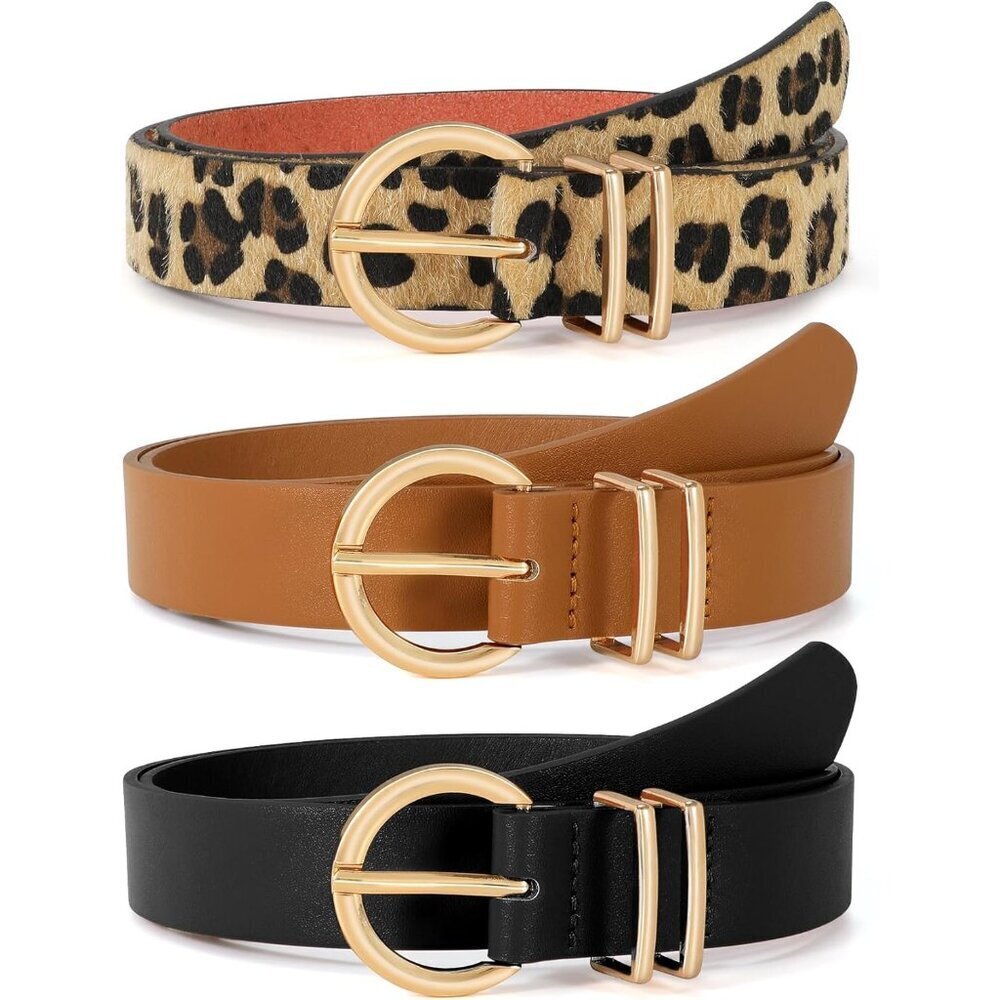 Women's Faux Leather Belts 3 Pack with Gold Buckle for Jeans Dresses